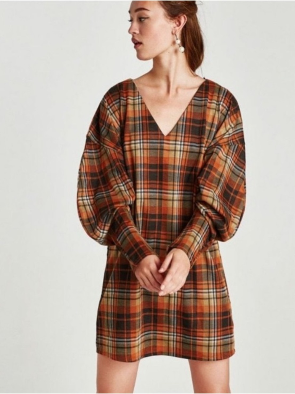 Zara Trafaluc Plaid V-Neck Puff Gathered Balloon Sleeve Dress Sz  S